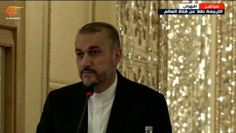 Iran's Foreign Minister Hossein Amir-Abdollahian in a diplomatic assembly in Tehran, Iran, Sunday 14 April, 2024 (Screengrab)