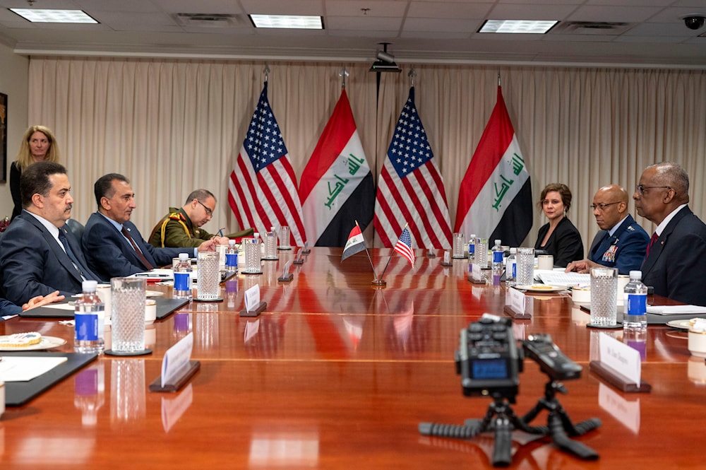 Secretary of Defense Lloyd Austin, right, meets with Iraqi Prime Minister Mohammed Shia al-Sudani, left, at the Pentagon on Monday, April 15, 2024, in Washington. (AP)