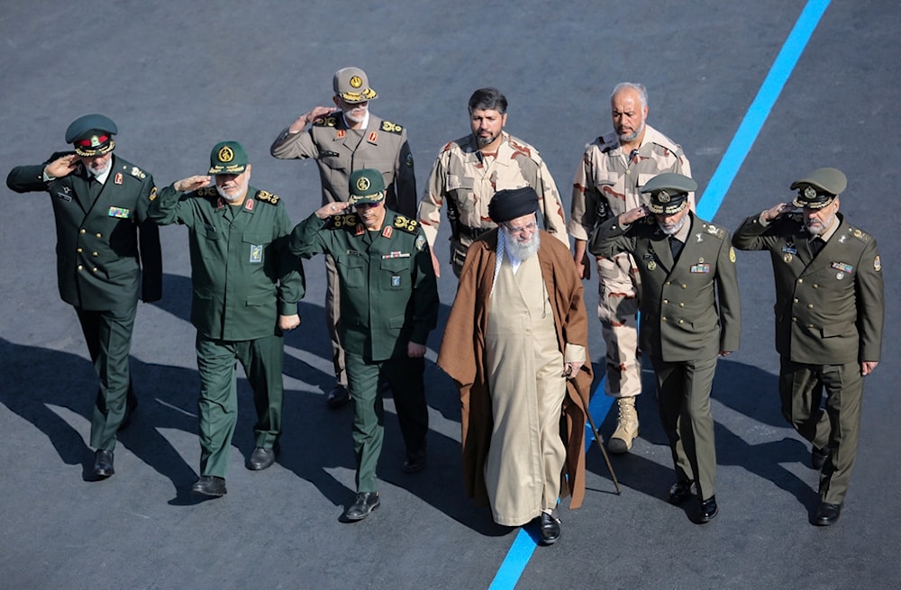 Supreme Leader Ayatollah Ali Khamenei reviews a group of armed forces cadets during their graduation ceremony accompanied by commanders of the armed forces, in Tehran, Iran, Tuesday, Oct. 10, 2023 (AP)