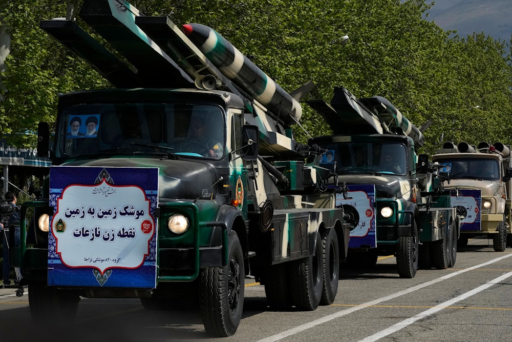Missiles are carried on trucks during the Army Day parade at a military base in northern Tehran, Iran, Wednesday, April 17, 2024.(AP)