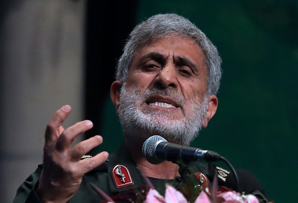Commander of the Islamic Revolution Guards Corps' Quds Force Esmail Qaani  speaks in a ceremony in Tehran, Iran, Thursday, April 14, 2022.
