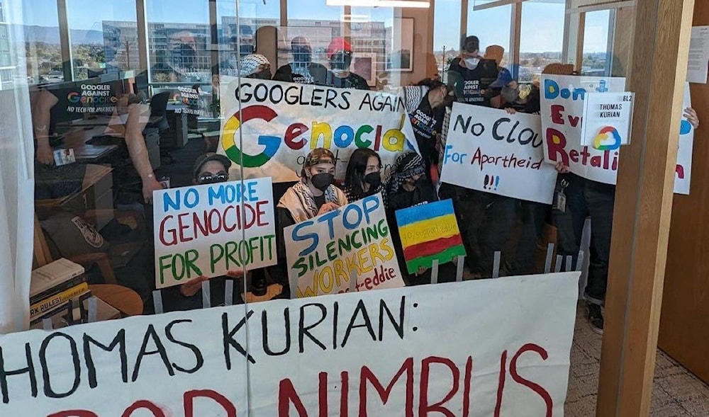 An image of protestors at Google Cloud CEO Thomas Kurian’s office in California against Project Nimbus, a cloud computing project created for