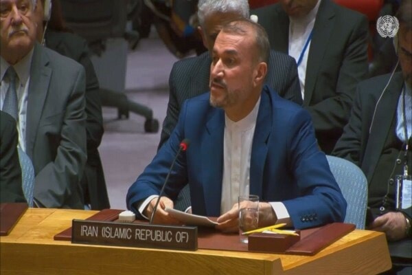 Iranian Foreign Minister Hossein Amir-Abdollahian speaking at the UN Security Council meeting (UN Security Council)