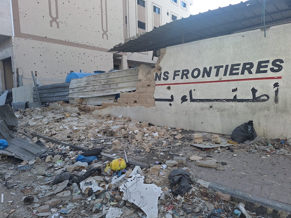 Picture showing the destruction of the MSF clinic near Al-Shifa Medical Complex on Monday, April 1, 2024. ( Social Media / @MSF)