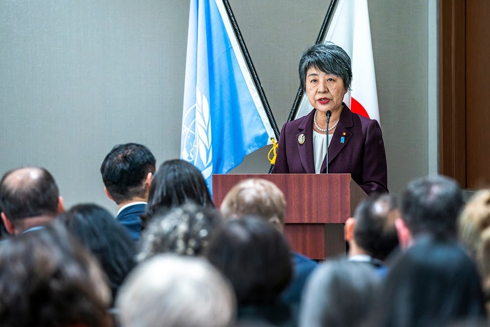 Japanese Foreign Minister Yoko Kamikawa speaks to attendees as she attends a Women, Peace and Security symposium at the Permanent Mission of Japan, on Monday, March 18, 2024, in New York.(AP)