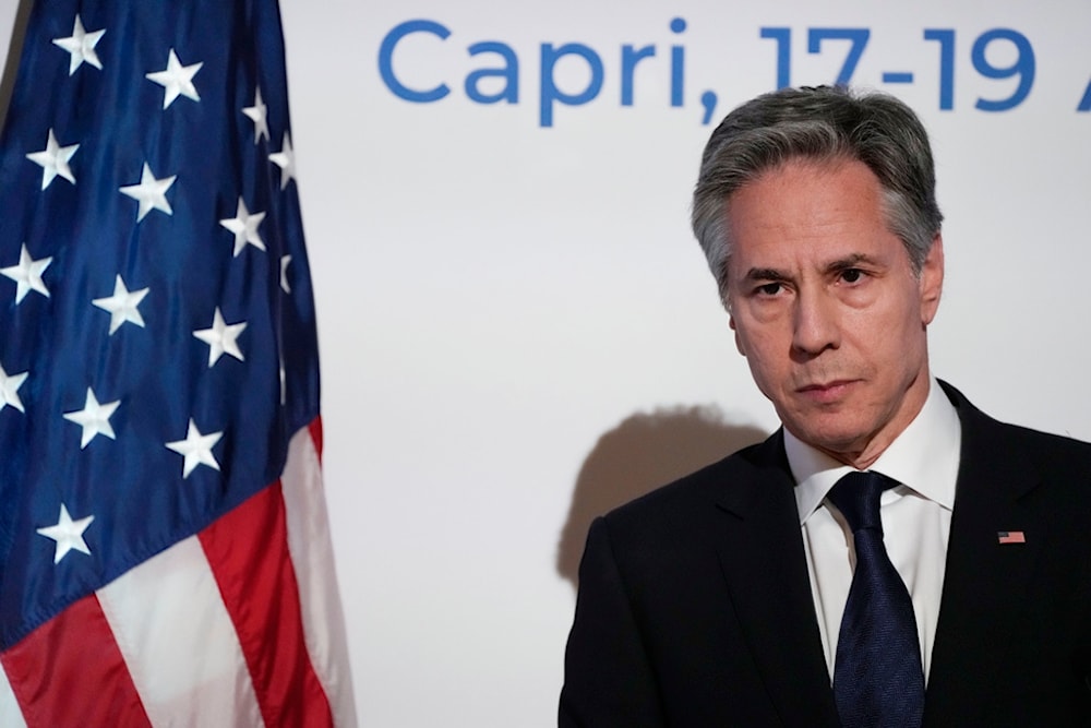 U.S. Secretary of State Antony Blinken meets the journalists during a press conference at the G7 Foreign Ministers meeting on Capri Island, Italy, Friday, April 19, 2024. (AP)