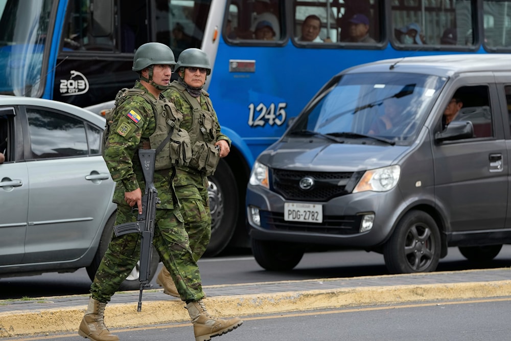 Soldiers patrol in the Carapungo neighborhood of Quito, Ecuador, Thursday, April 18, 2024. (AP)