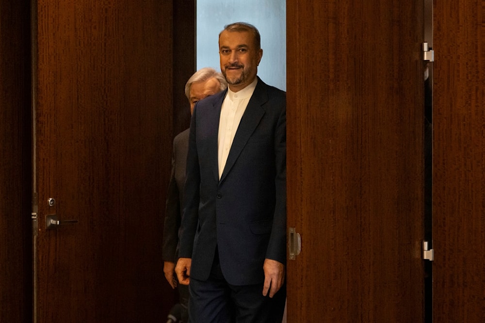 Iran's Foreign Minister Hossein Amir-Abdollahian arrives for a meeting with United Nations Secretary-General Antonio Guterres at United Nations headquarters, April 18, 2024. (AP)