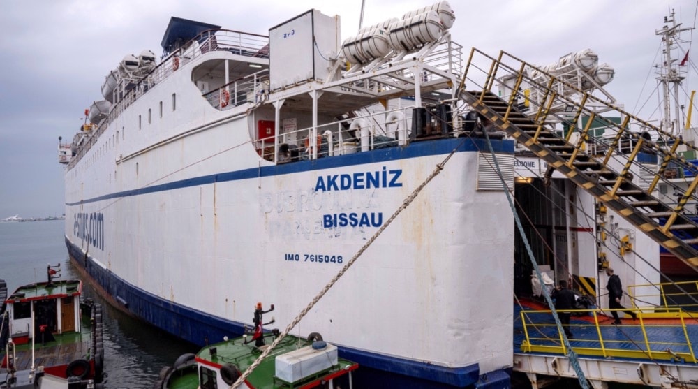 The Akdeniz RoRo, part of the Freedom Flotilla Coalition, waits to depart from the Tuzla seaport, near Istanbul on April 19, 2024. (Photo by AFP)