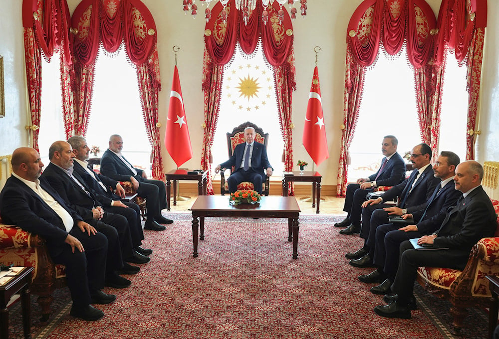 In this photo released by the Turkish Presidency, Turkey's President Recep Tayyip Erdogan, center, and ministers of his government, right, meet with a Hamas delegation led by Ismail Haniyeh, in Istanbul, Turkey, Saturday, April 20, 2024.(AP)