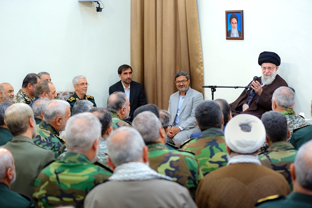 The Commander-in-Chief of Iran’s Armed Forces, Imam Khamenei, met with a number of the commanders of the armed forces of the Islamic Republic of Iran today, April 21, 2024. (Social media)