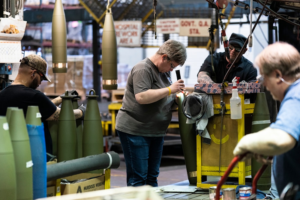 Steel workers manufacture 155 mm M795 artillery projectiles at the Scranton Army Ammunition Plant in Scranton, Pa., Thursday, April 13, 2023. (AP)