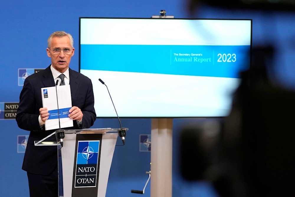 NATO Secretary General Jens Stoltenberg presents the 2023 NATO annual report during a media conference at NATO headquarters in Brussels, Thursday, March 14, 2024. (AP)