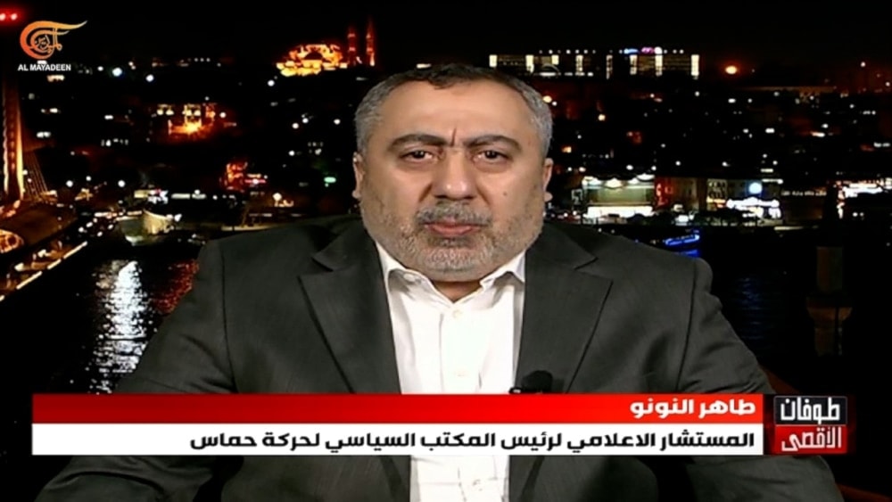 Hamas media advisor Taher al-Nounou during an interview for Al Mayadeen, April 21, 2024