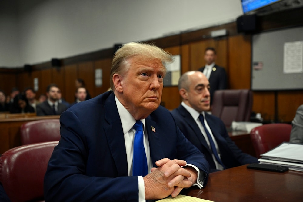 Former President and Republican presidential candidate Donald Trump looks on at Manhattan criminal court during his trial in New York, on Monday, April 22, 2024. (AP)