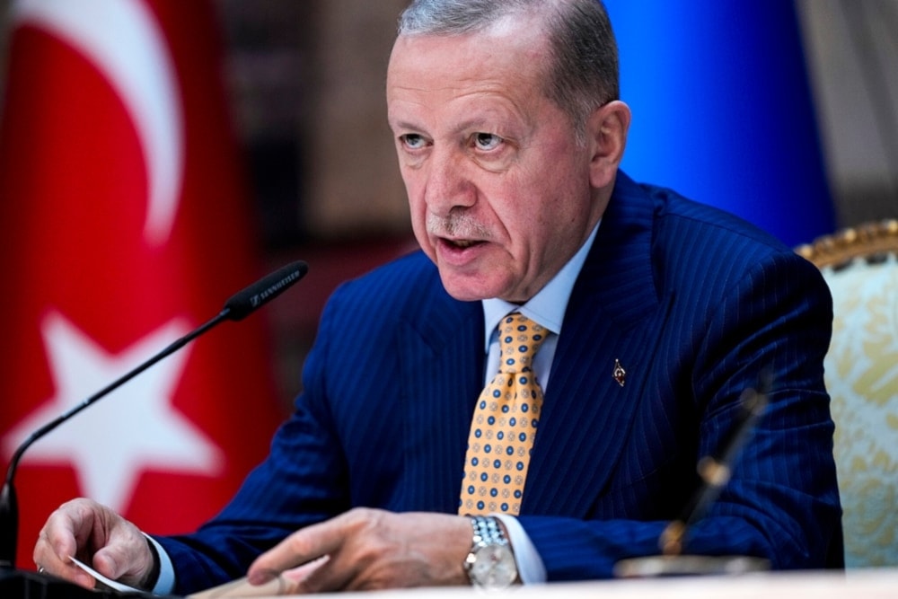 Turkish President Recep Tayyip Erdogan during talks at Dolmabahce Palace in Istanbul, March 8, 2024. (AP)