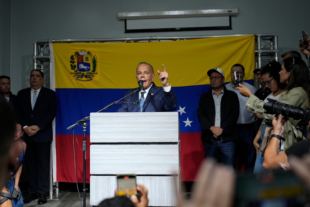 UNT party's presidential candidate Manuel Rosales gives a press conference in Caracas, Venezuela, on Tuesday, March 26, 2024. (AP)