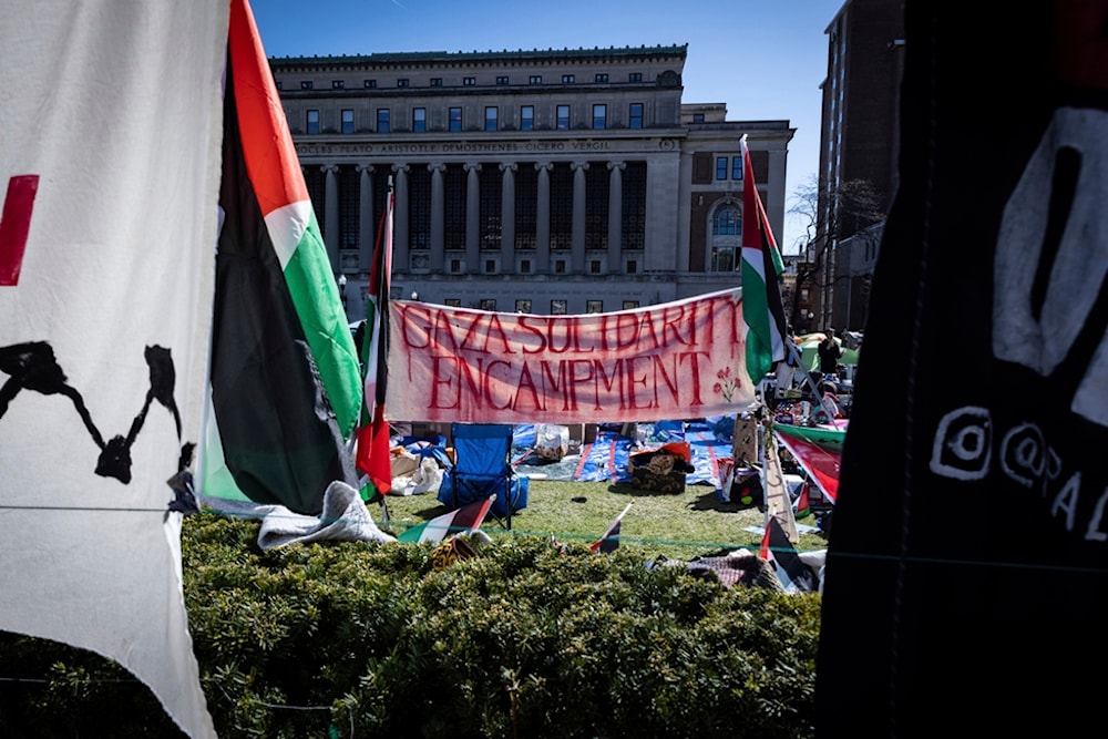 A sign that reads, Gaza Solidarity Encampment, is seen during the Pro-Palestinians protest at the Columbia University campus in New York, Monday April 22, 2024. (AP)