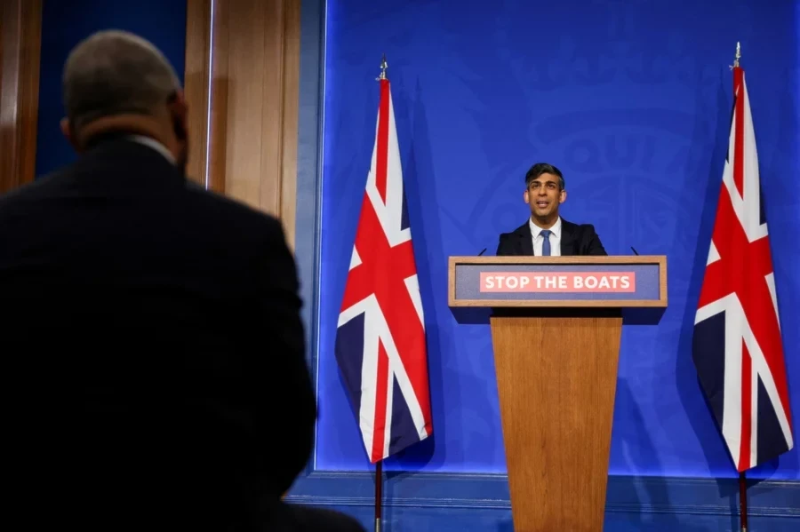 British Prime Minister Rishi Sunak speaks during a press conference in London on Monday regarding a treaty between Britain and Rwanda to transfer asylum-seekers to the African country. (AFP via Getty Images)