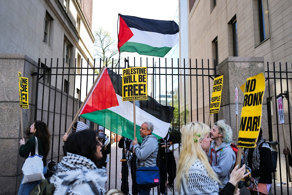 Illustrative: Pro-Palestinian supporters protest against Israeli genocide in Gaza in front of the entrance of Columbia University in New York on April 22, 2024. (AFP)