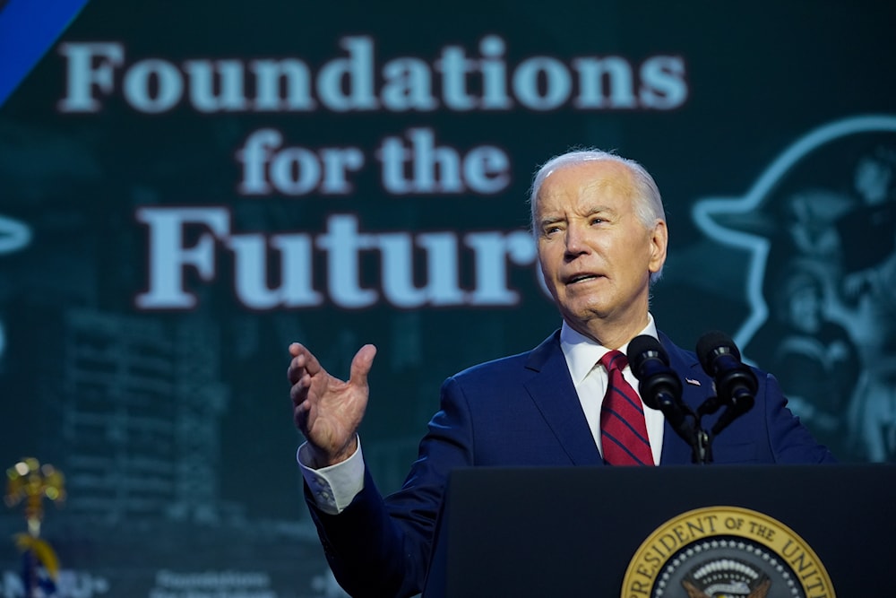 President Joe Biden speaks to the North America's Building Trade Union National Legislative Conference, Wednesday, April 24, 2024, in Washington. (AP)
