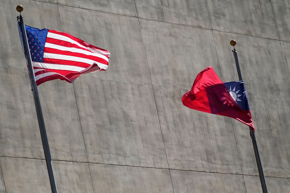 A U.S. and Taiwan flag are displayed outside a hotel as Taiwan's president was staying in Los Angeles on April 4, 2023. (AP)