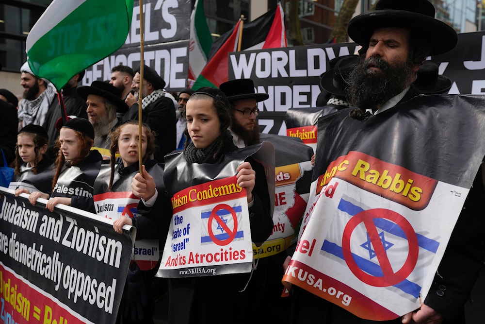 Pro-Palestinian protesters take part at a demonstration on Al Quds Day, in London on April 5, 2024. (AP)