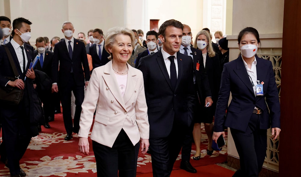 French President Emmanuel Macron and European Commission President Ursula von de Leyen, center left, arrive for a working session with Chinese President Xi Jinping in Beijing, Thursday April 6, 2023. (AP)