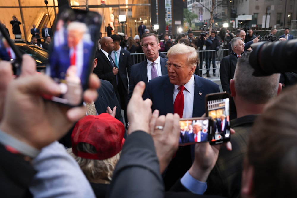 Former President Donald Trump speaks with construction workers at the construction site of the new JPMorgan Chase headquarters in midtown Manhattan, Thursday, April 25, 2024, in New York.(AP)