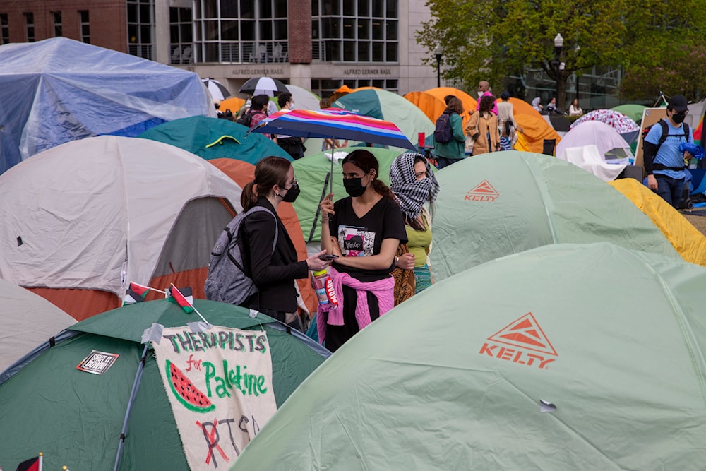 Students and other protesters are in a tent camp on the campus of Columbia University in New York on Wednesday, April 24, 2024.(AP)