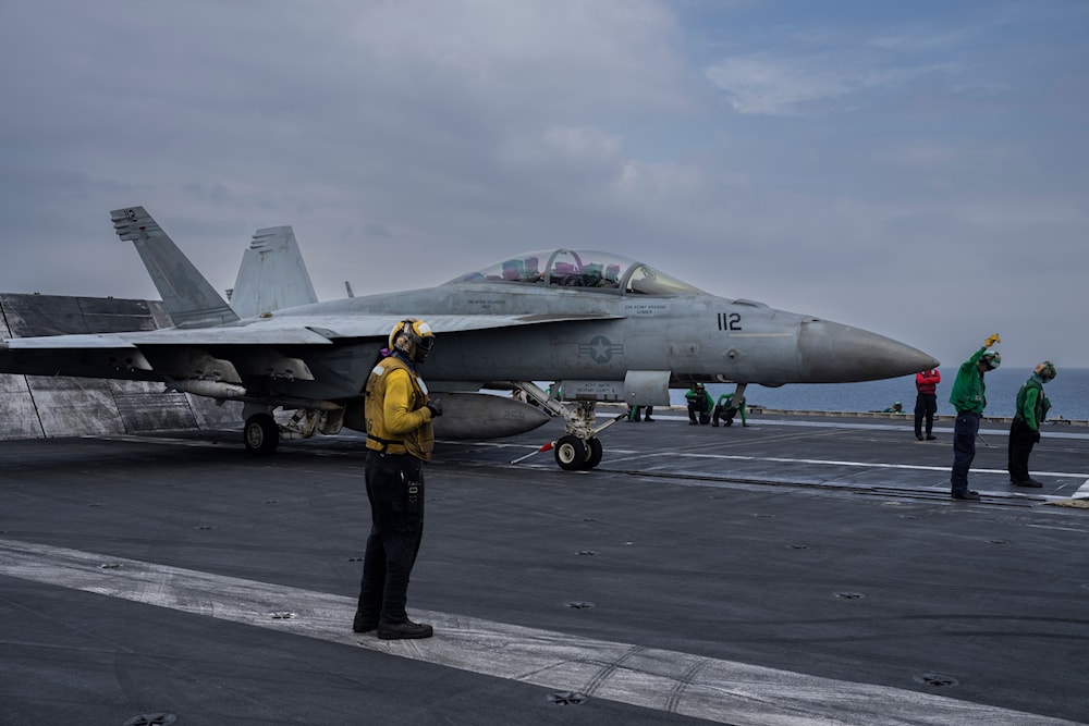 F/A-18F Super Hornet fighter jet takes off from the USS aircraft carrier Dwight D. Eisenhower, also known as the 'IKE', in the south Red Sea, February 13, 2024 (AP)