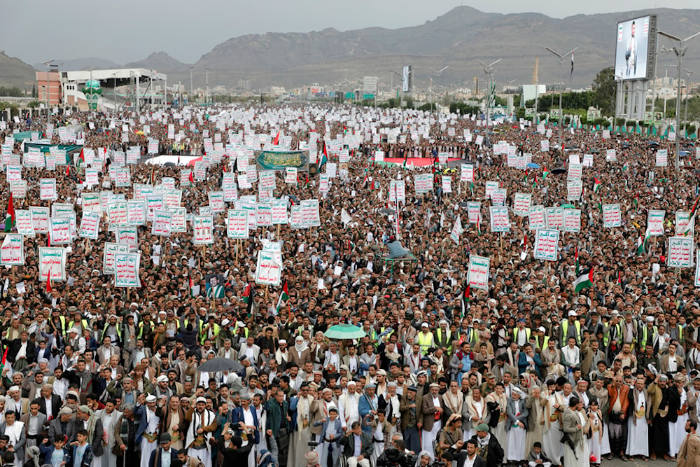 Thousands of Houthi supporters take part at a rally against the U.S. and Israel and to support Palestinians in the Gaza Strip, in Sanaa, Yemen, Friday, April. 26, 2024. (AP Photo)