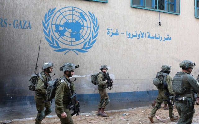 Israeli occupation soldiers inside an UNRWA in Gaza City, on February 8, 2024. (AFP)
