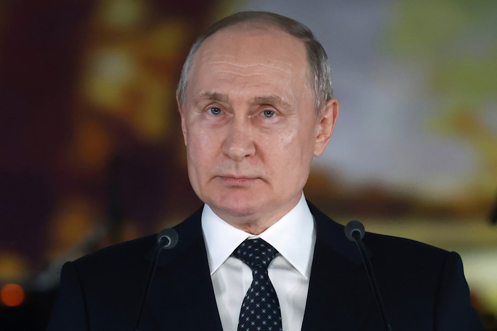 Russian President Vladimir Putin delivers a speech at Gazprom Arena stadium in St.Petersburg, Russia, January 27, 2024 (AP)