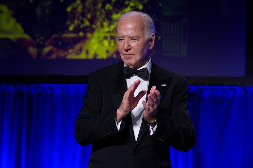 President Joe Biden applauds at the conclusion of the White House Correspondents' Association Dinner at the Washington Hilton, Saturday, April 27, 2024, in Washington. (AP)