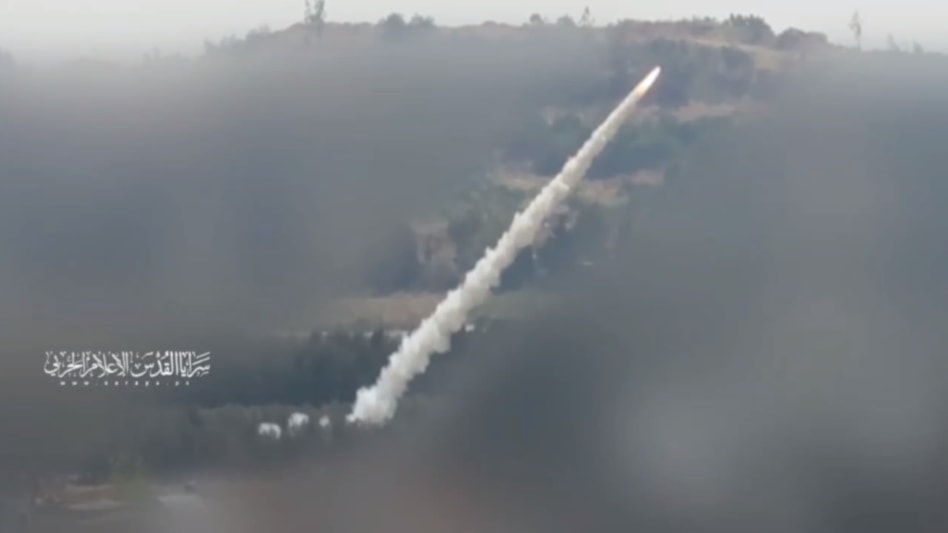 A screenshot from the video showing missiles fired by Al-Quds and Ansar Brigades toward Israeli settlements on April 24, 2024. (Al-Quds Brigades Military Media) 