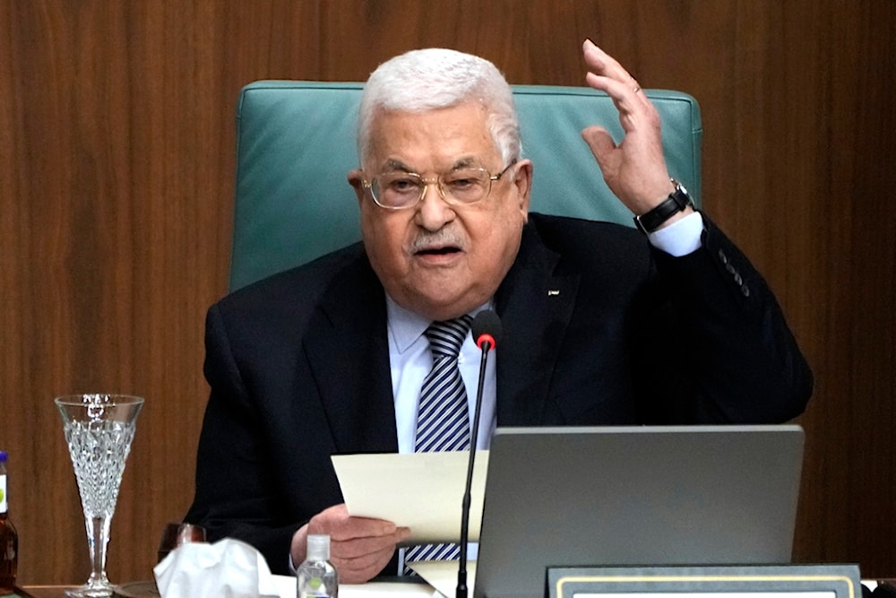 Palestinian President Mahmoud Abbas speaks during a conference to support al-Quds at the Arab League headquarters in Cairo, Egypt, on Feb. 12, 2023 (AP)