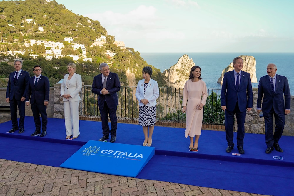 US Secretary of State Blinken, French FM Sejourne, Canada's FM Joly, Italian FM Tajani, Japan's FM Yoko, German FM Annalena Baerbock, UK's David Cameron, and EU chief Josep Borrell at the G7 of foreign Ministers in Capri, Italy, April 18, 2024(AP)