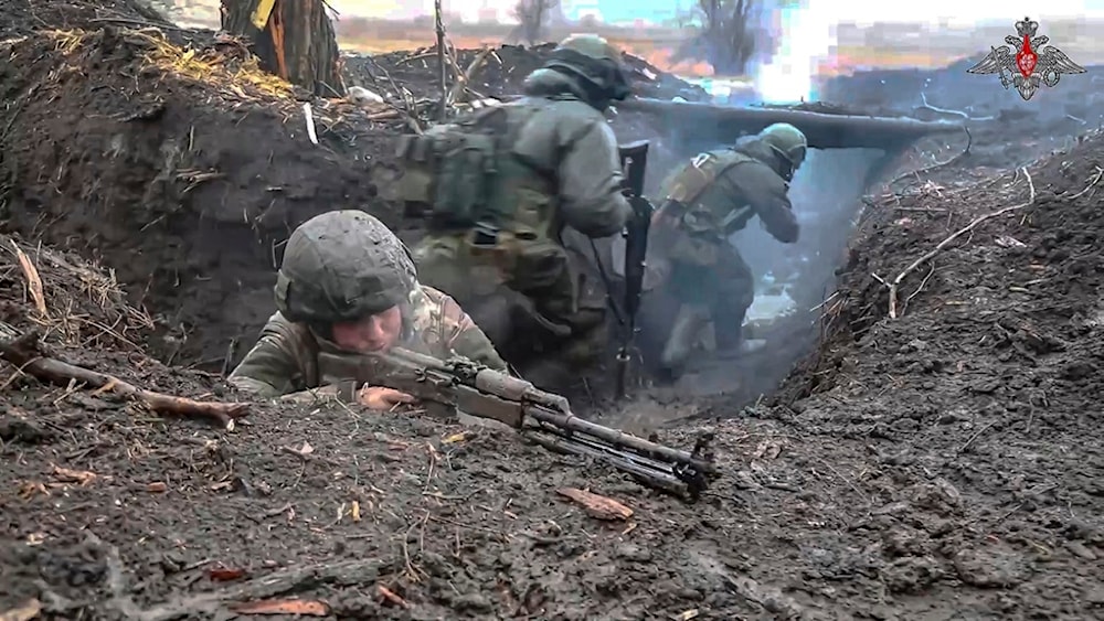 In this photo released by the Russian Defense Ministry Press Service on Monday, April 15, 2024, Russian soldiers participate in a military exercise in the Donetsk region. (AP)