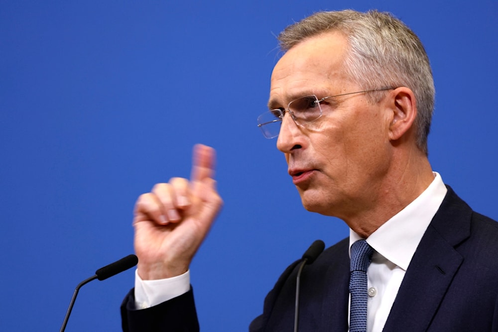 NATO Secretary General Jens Stoltenberg addresses a media conference during a meeting of NATO foreign ministers at NATO headquarters in Brussels, Wednesday, April 3, 2024. (AP)