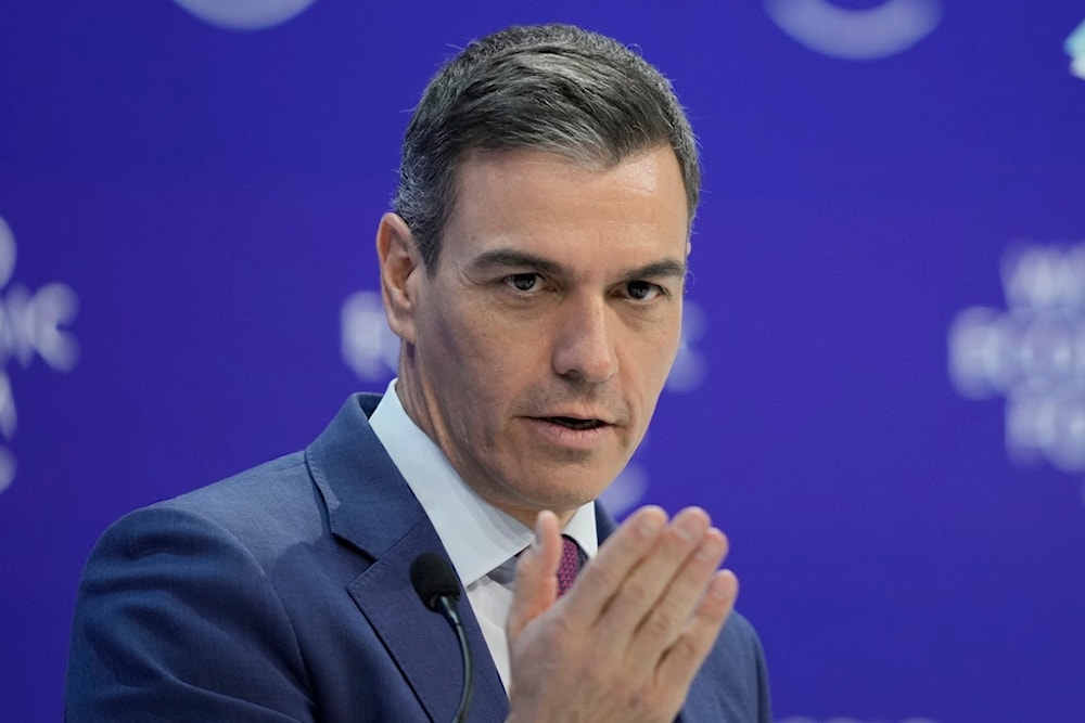Pedro Sanchez, Spain's Prime Minister delivers his speech at the Annual Meeting of World Economic Forum in Davos, Switzerland, on Jan. 17, 2024. (AP)