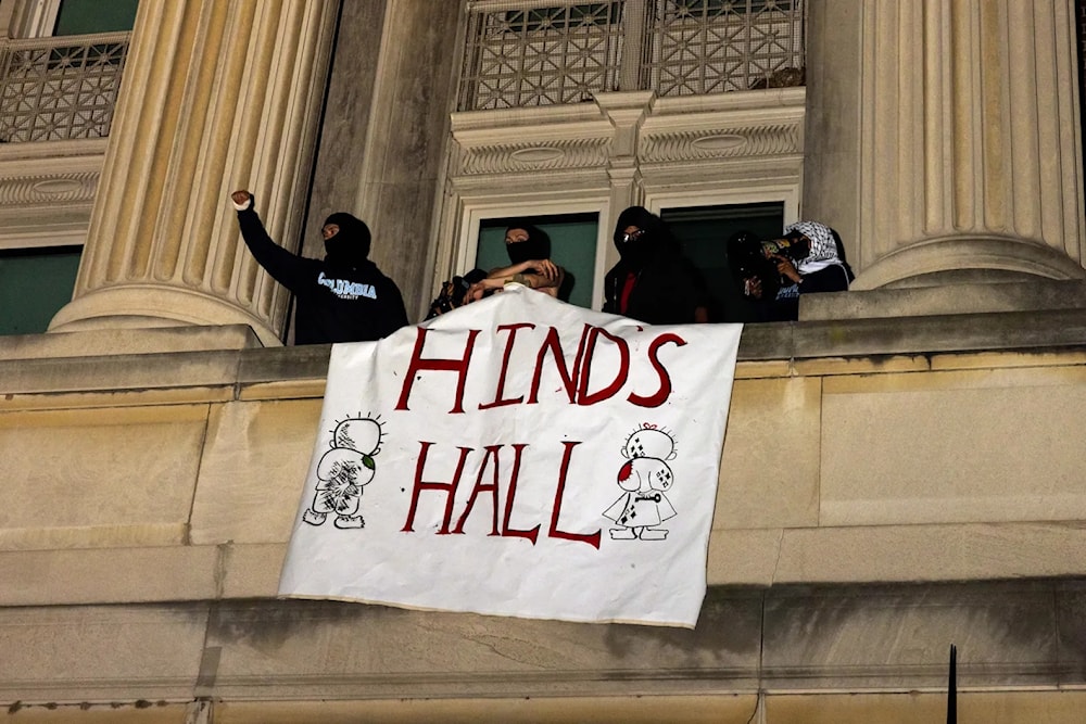 Students with the Gaza encampment take over Hamilton Hall at Columbia University in New York, naming it Hind's Hall. (AP)