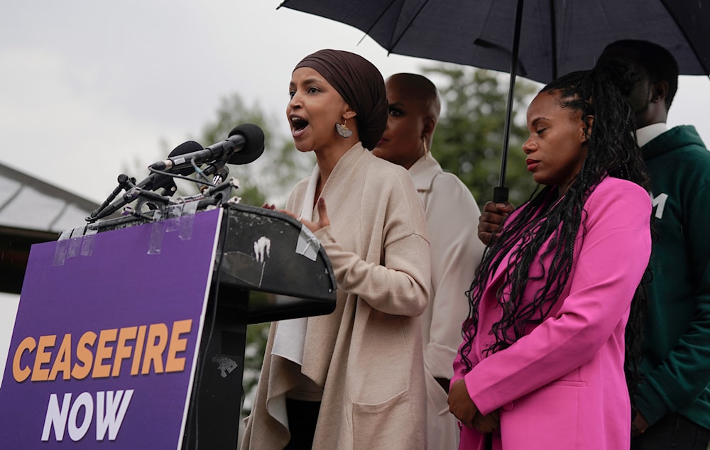 Rep. Ilhan Omar, D-Minn., left, talks during a press conference to call for a ceasefire in Israel and Gaza on Capitol Hill, Oct. 20, 2023, in Washington. (AP)