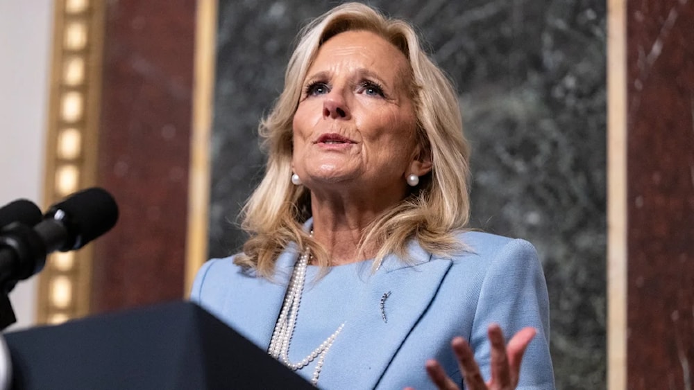 Jill Biden speaks about gun violence prevention with K-12 principals in the Eisenhower Executive Office Building in Washington, DC, on January 25. (AFP/Getty Images)