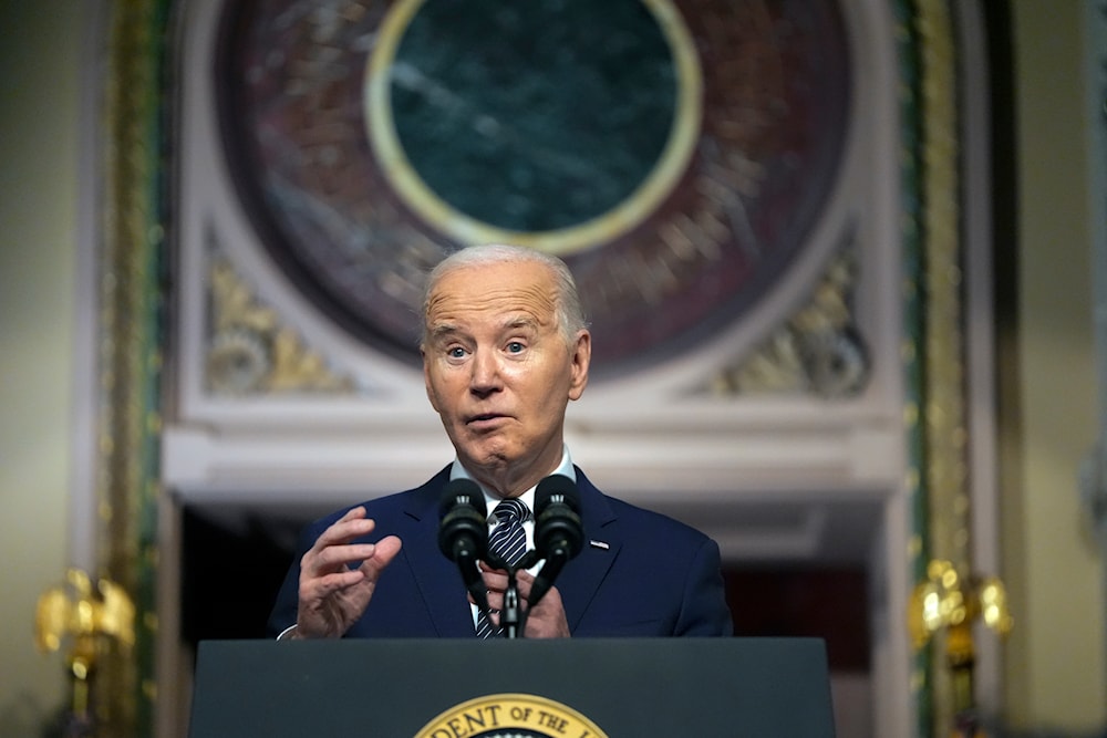 President Joe Biden speaks about lowering health care costs in the Indian Treaty Room at the Eisenhower Executive Office Building on the White House complex in Washington, April 3, 2024 (AP)