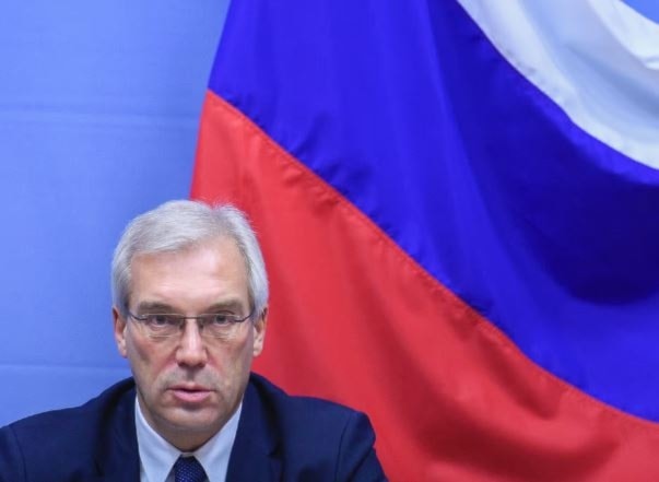 Russian ambassador to NATO Alexander Grushko gives a press conference after talks at the NATO headquarters in Brussels (AFP via Getty Images)