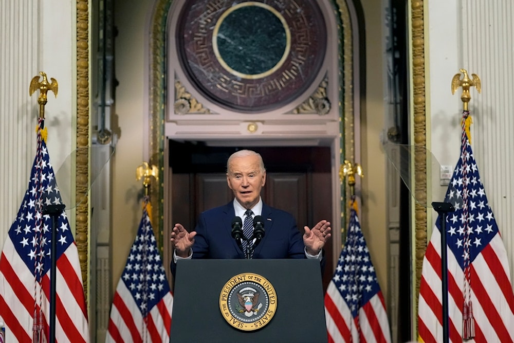 President Joe Biden speaks about lowering health care costs in the Indian Treaty Room at the Eisenhower Executive Office Building on the White House complex in Washington, April 3, 2024. (AP)