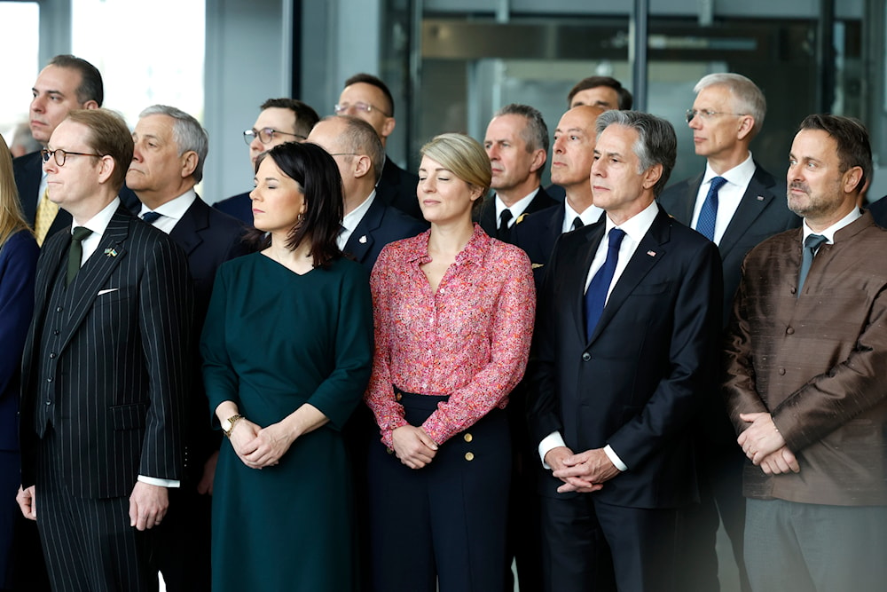 Sweden's Foreign Minister Tobias Billstrom with other NATO leaders at a ceremony to mark the 75th anniversary of NATO at NATO headquarters in Brussels, Thursday, April 4, 2024. (AP)