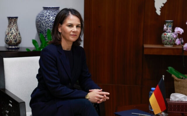 German Minister of Foreign Affairs Annalena Baerbock attends in the occupied West Bank city of Ramallah on Saturday, Nov. 11, 2023. (AP)