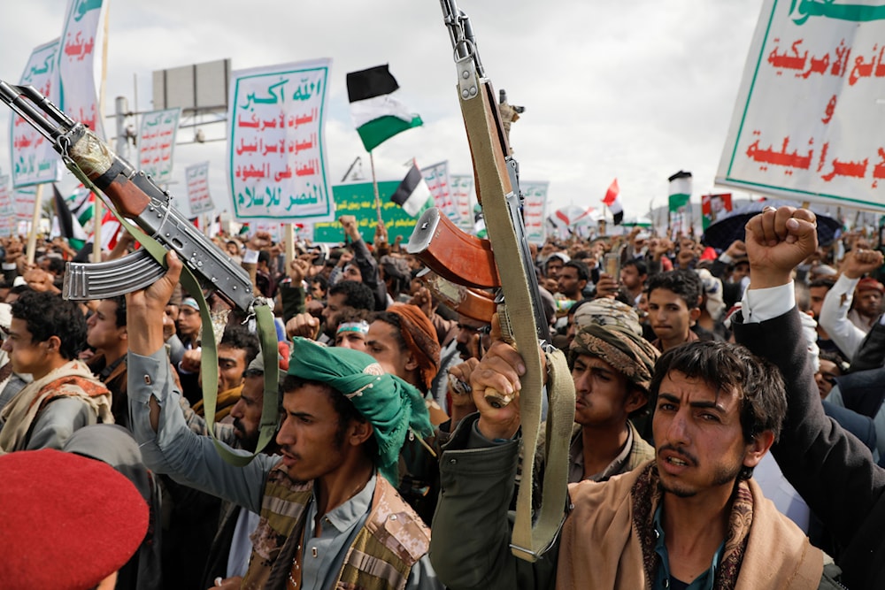 Houthi supporters attend a rally in support of the Gaza Strip, in Sanaa, Yemen, March 8, 2024 (AP)
